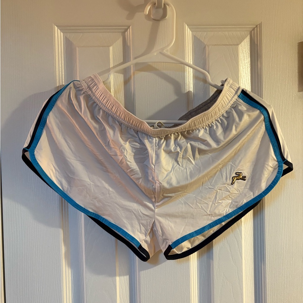 Tracksmith White and Blue Athletic Shorts with Dolphin Hem
